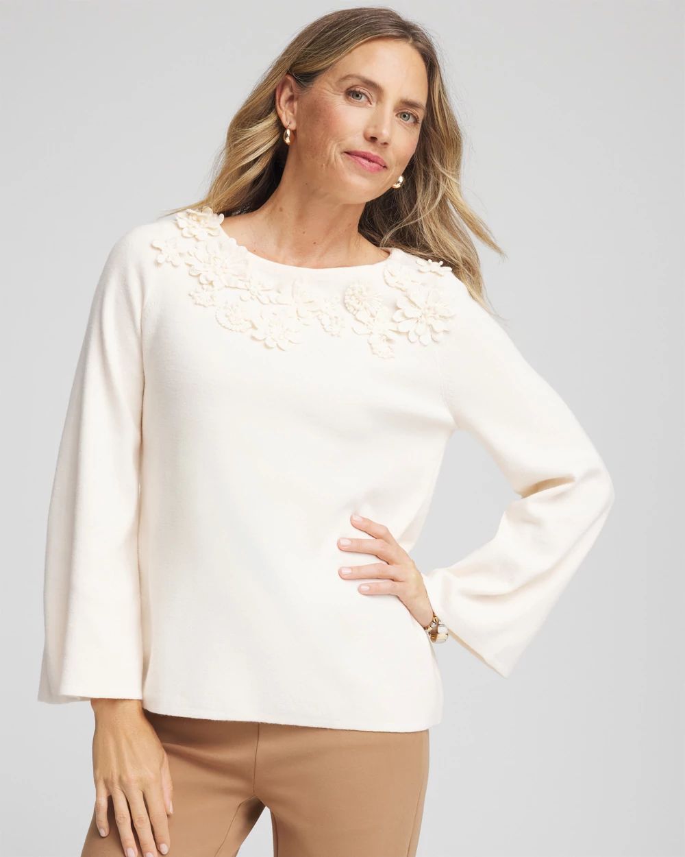 新品Eaphi flare sleeve warm knit ivory Appliqué Flared-Sleeve Sweater | Chico's
